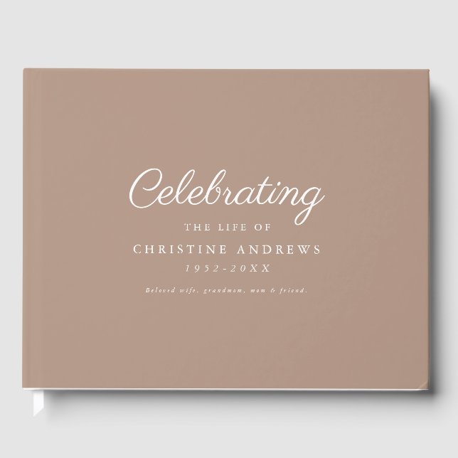 Minimal & elegant "Celebration of life" Brown Guest Book (Front)