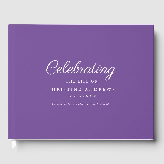 Minimal & elegant "Celebration of life" Purple Guest Book (Front)
