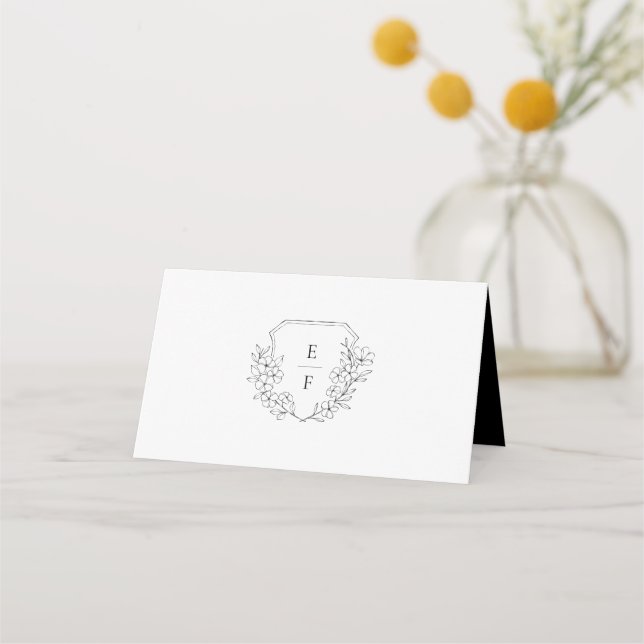 Minimal Elegant Cherry Blossom Monogram Crest Fold Place Card (Front)