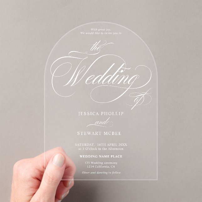 Minimal Elegant chic Script white wedding on clear Acrylic Invitations (Insitu (Handheld))