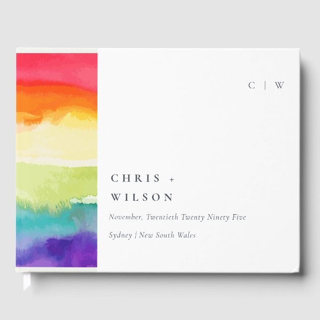 Minimal Elegant Colourful Pride Rainbow Wedding Guest Book (Front)