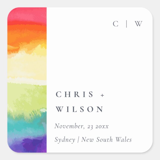 Minimal Elegant Colourful Pride Rainbow Wedding Square Sticker (Front)