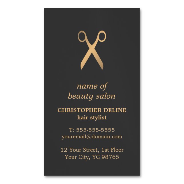Minimal Elegant Dark Grey Faux Gold Hair Stylist Magnetic Business Card (Front Vertical)
