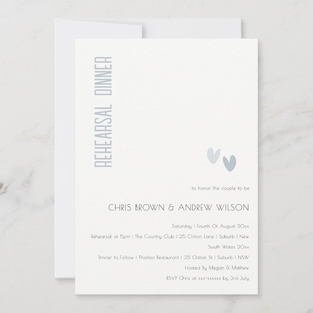 Minimal Elegant Dusky Blue Hearts Rehearsal Dinner Invitation (Front)