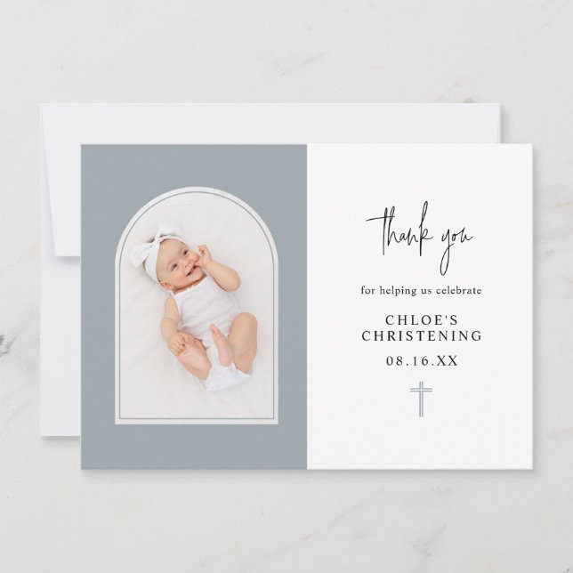Minimal Elegant Dusty Blue Arch Photo Christening  Thank You Card (Front)