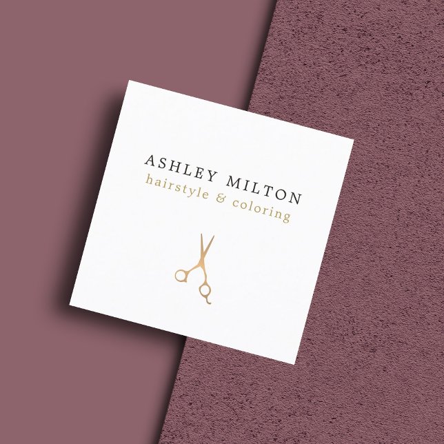 Minimal Elegant Faux Gold Scissors Hair Stylist Square Business Card (Creator Uploaded)