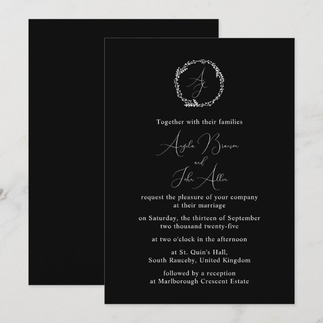 Minimal Elegant Floral Botanical Monograms Wreath Invitation (Front/Back)