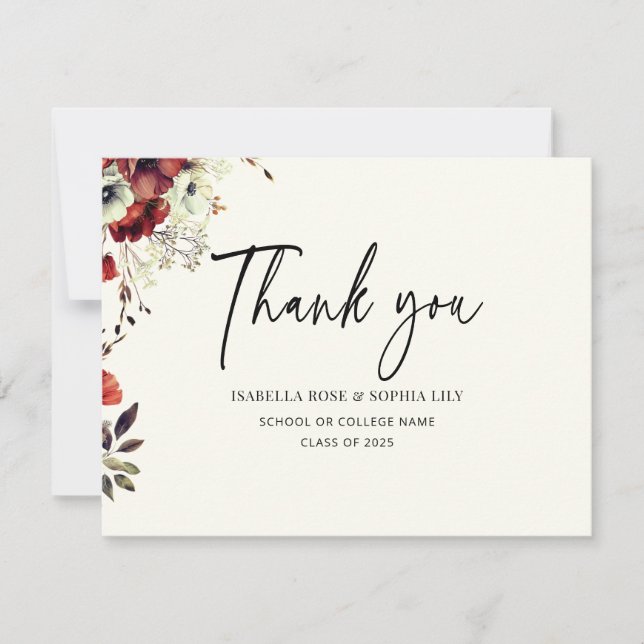 Minimal Elegant Floral Double Twins Graduation  Thank You Card (Front)