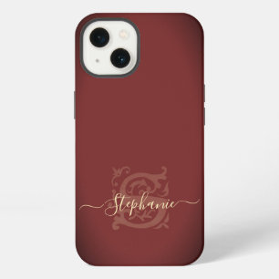 Minimal Elegant Floral Red & Gold S Name Monogram iPhone 13 Case