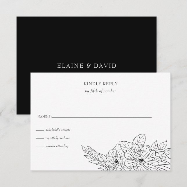 Minimal Elegant Floral Sketch Wedding RSVP Card (Front/Back)