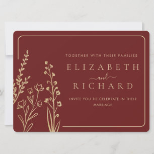 Minimal Elegant Gold Burgundy Wildflower Wedding Invitation