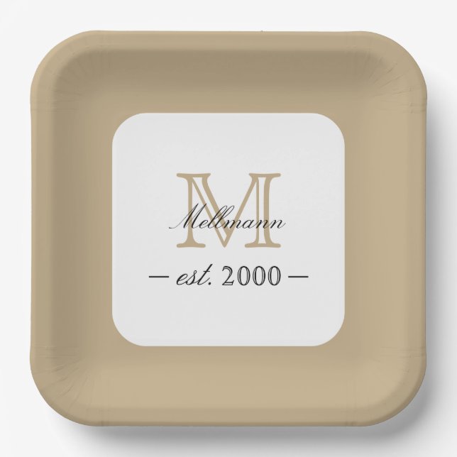 Minimal Elegant Gold Monogram Family Year Est. Paper Plate (Front)