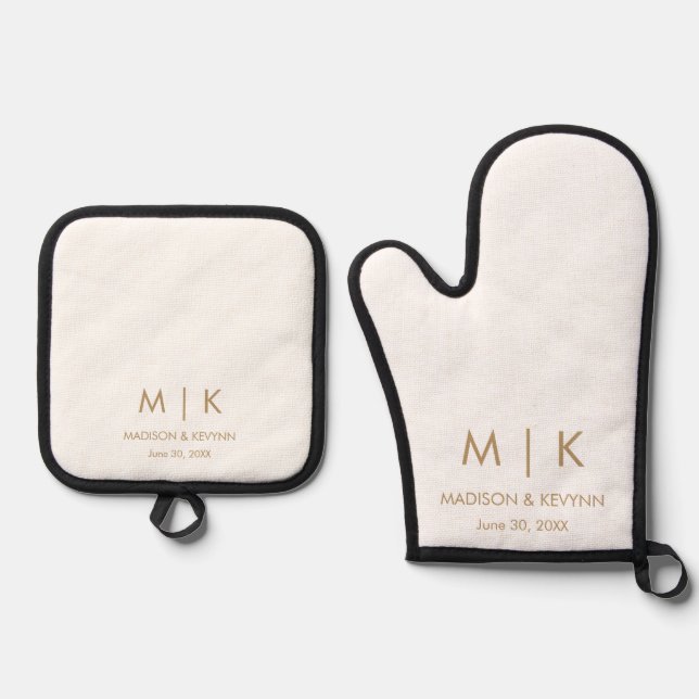 Minimal & Elegant  Gold Monogram Wedding Oven Mitt & Pot Holder Set (Front)