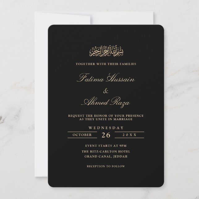 Minimal Elegant Gold Script Black Muslim Wedding Invitation (Front)