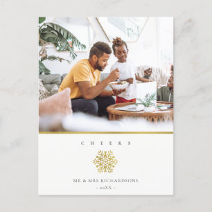 Minimal Elegant Gold Snowflake Photo Cheers Holiday Postcard