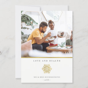 Minimal Elegant Gold Snowflake Photo Love & Health Holiday Card
