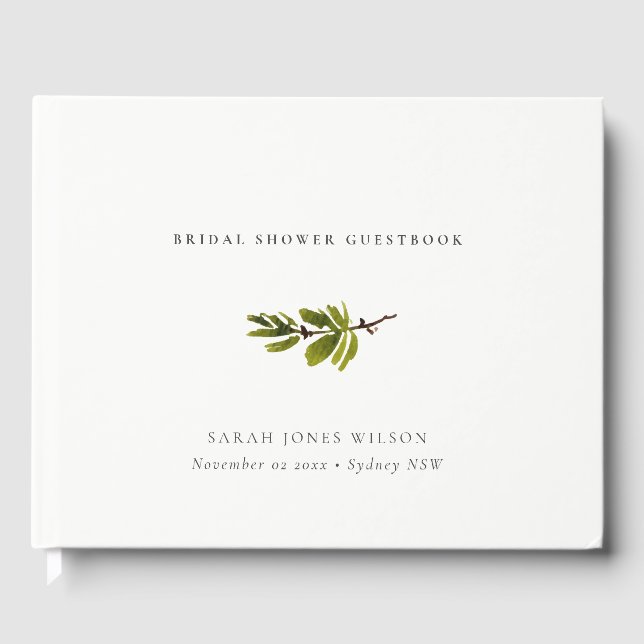 Minimal Elegant Green Pine Branch Bridal Shower Guest Book (Front)