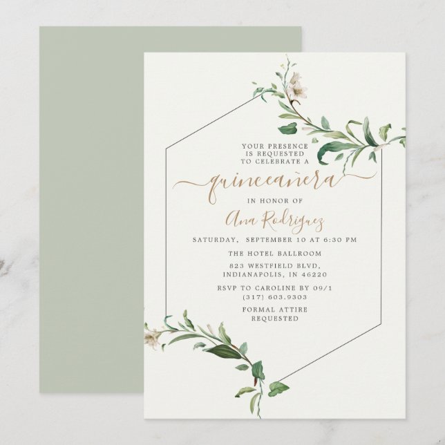 Minimal Elegant Greenery Floral Quinceañera Invitation (Front/Back)