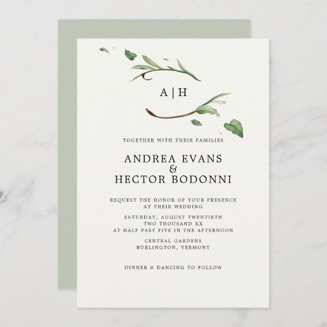 Minimal Elegant Greenery Monogram Wedding Invitation (Front/Back)