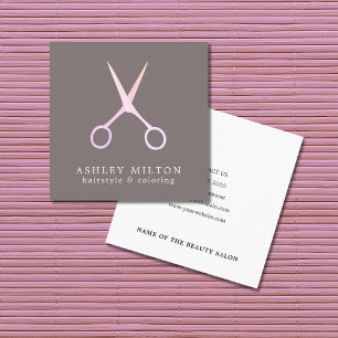 Minimal Elegant Grey Rose Scissors Hair Stylist Square Business Card