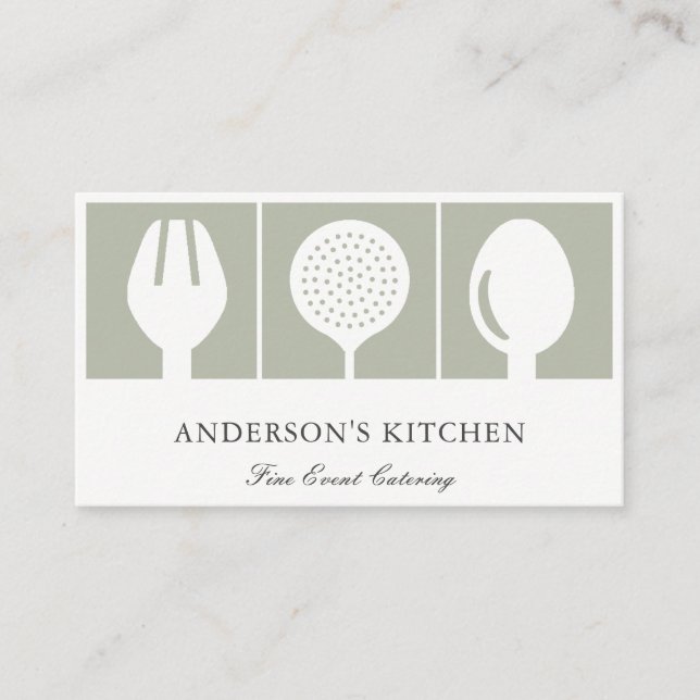 MINIMAL ELEGANT GREY WHITE SKIMMER SPOON FORK CHEF BUSINESS CARD (Front)