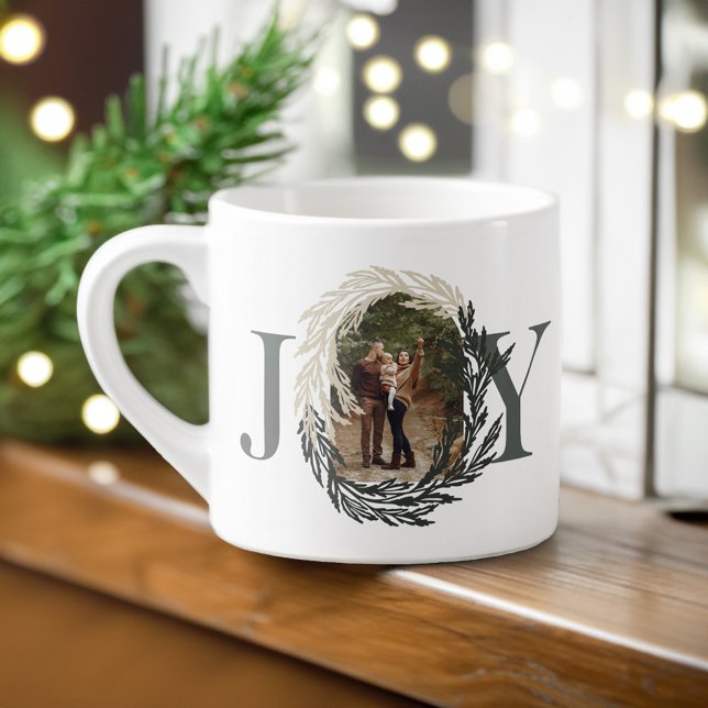 Minimal Elegant Joy Winter Garland Photo Wreath Espresso Cup (Minimal Elegant Joy Winter Garland Photo Wreath Espresso Cup)