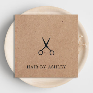 Minimal Elegant Kraft Black Scissors Hairstylist Square Business Card