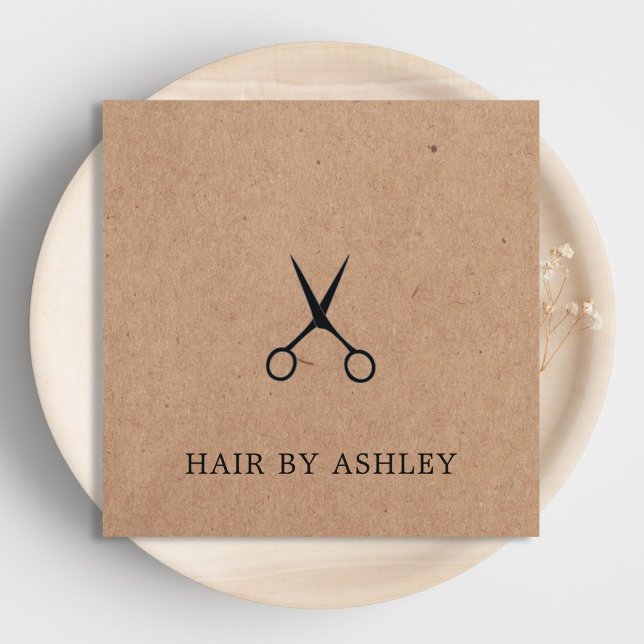 Minimal Elegant Kraft Black Scissors Hairstylist Square Business Card (Creator Uploaded)