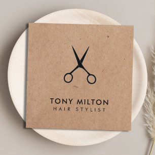 Minimal Elegant Kraft Black Scissors Hairstylist Square Business Card