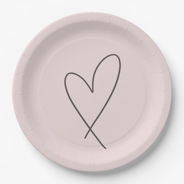 Minimal Elegant Line Art Heart Wedding Blush Pink Paper Plate (Front)