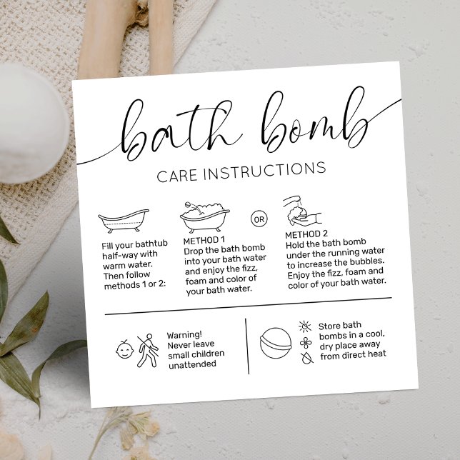 Minimal Elegant Logo Bath Bomb Care Instructions Square Business Card (Modern bath bomb care cards with step-by-step icons, minimal aesthetic and elegant script fonts)