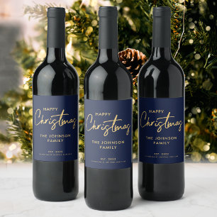 Minimal Elegant Modern Blue Gold Happy Christmas Wine Label