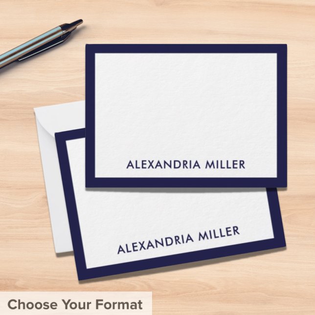 Minimal Elegant Monogram Name White Navy Note Card (Creator Uploaded)