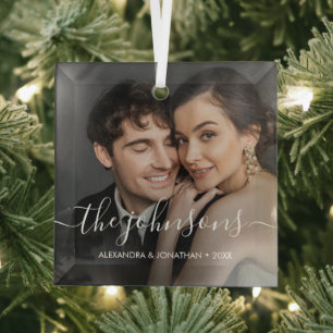 Minimal elegant name script Couple Photo Christmas Glass Tree Decoration