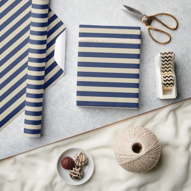 Minimal Elegant Navy Blue Beige Stripes Wrapping Paper (Crafts)