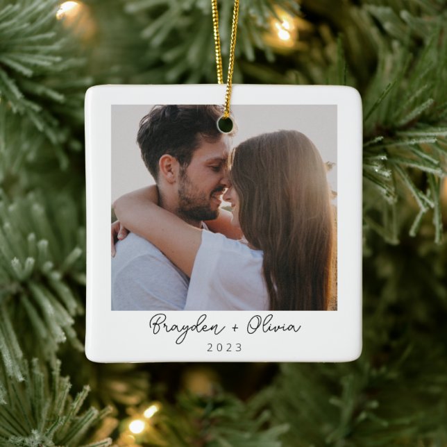 Minimal Elegant Newlywed Photo Christmas Ceramic Ornament (Tree)