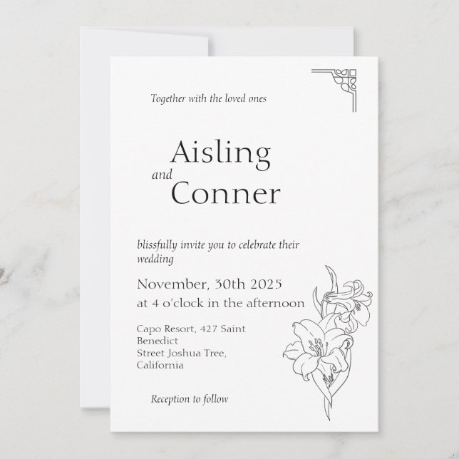 Minimal Elegant Orchid Drawing All in One Budget Invitation (Front)