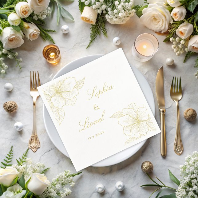 Minimal Elegant Outline Floral Golden Wedding Napkin (Creator Uploaded)