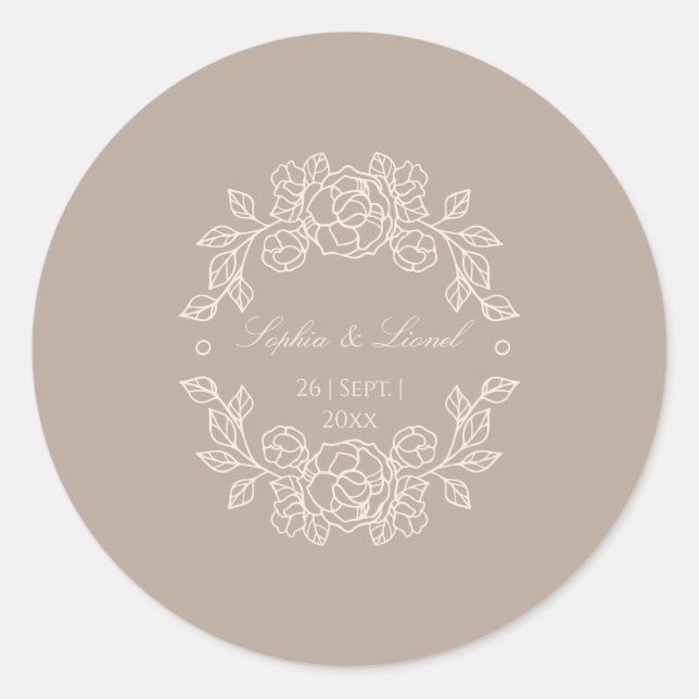 Minimal Elegant Outline Floral Wedding Classic Round Sticker (Front)