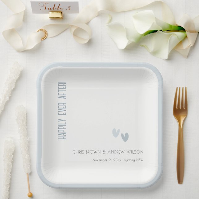 Minimal Elegant Pastel Dusky Blue Hearts Wedding Paper Plate (Wedding)