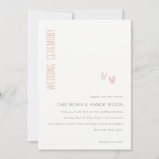 Minimal Elegant Pastel Dusky Pink Hearts Wedding Invitation (Front)