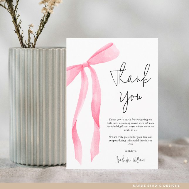 Minimal Elegant Pink Bow Baby Shower Thank You Card (Flat Thank You Card in 3.5 x 5 inches. Personalize text, select size, paper, and corner style.)