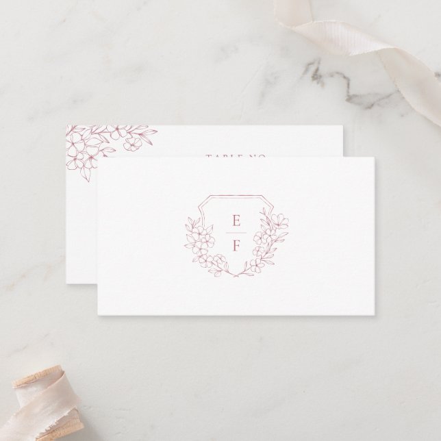 Minimal Elegant Pink Cherry Blossom Monogram Crest Place Card (Front/Back In Situ)
