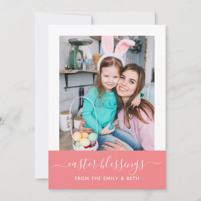 Minimal Elegant Pink Script Family Photo Easter Holiday Card (Front)