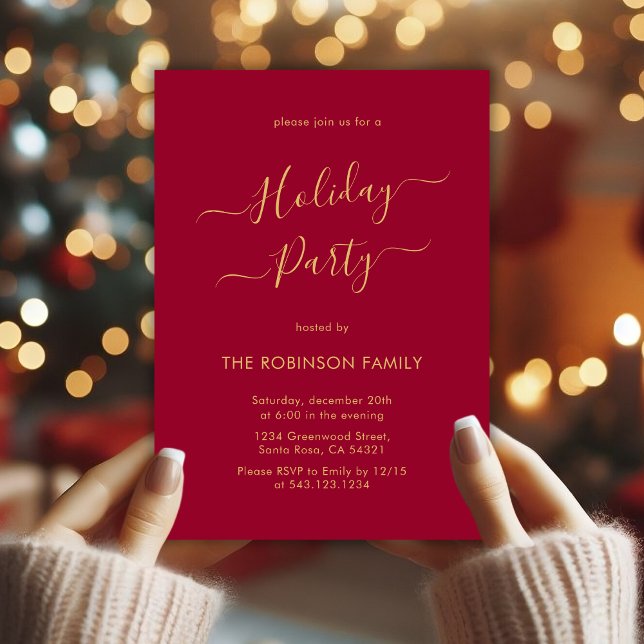 Minimal Elegant Red Gold Calligraphy Holiday Party Invitation (Creator Uploaded)