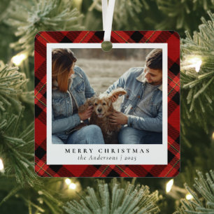 Minimal Elegant Red Plaid Christmas Couple Photo Metal Tree Decoration