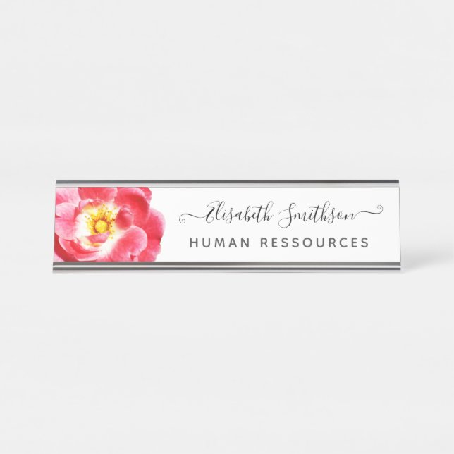 Minimal Elegant Rose Custom Professional Floral Desk Name Plate (Front)