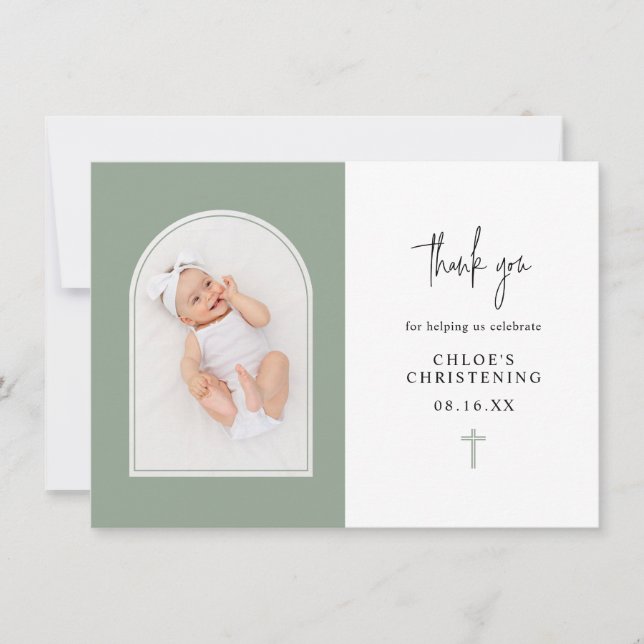 Minimal Elegant Sage Green Arch Photo Christening  Thank You Card (Front)