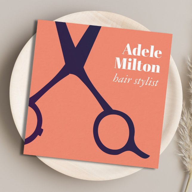 Minimal Elegant Salmon Blue Scissors Hairstylist Square Business Card (Creator Uploaded)