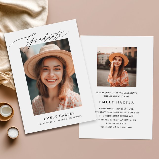 Minimal Elegant Script 2 Photo Graduation Party Invitation (Creator Uploaded)